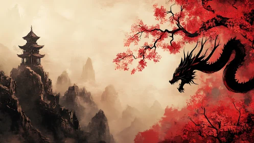 Mountain temple faces black dragon under red autumn tree