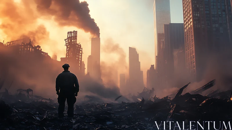 Solitary figure surveys a devastated city at smoky dawn