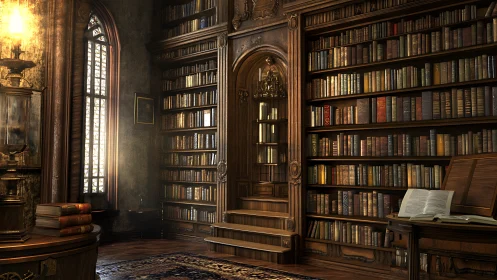 Historic wood paneled library interior with full bookshelves.