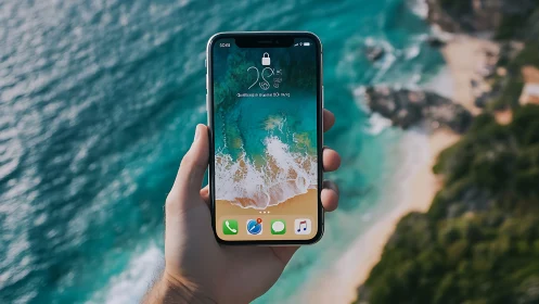 Smartphone Display Revealing Coastal Aerial Topography and Interface Elements.