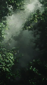 Misty Forest Canopy: Atmospheric Light Filtering Through Verdant Foliage