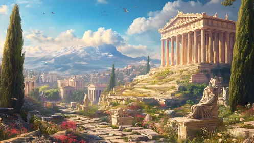 Sunlit ancient Greek temple ruins glow above a lush valley