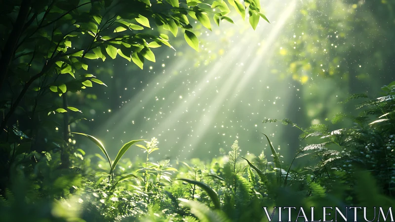 Sunlit forest clearing glows with drifting dust motes.