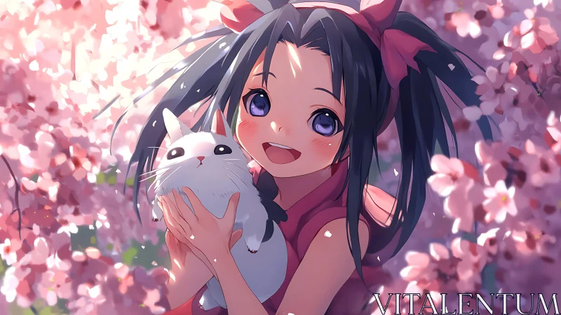 Anime girl holding white cat among pink blossoms.