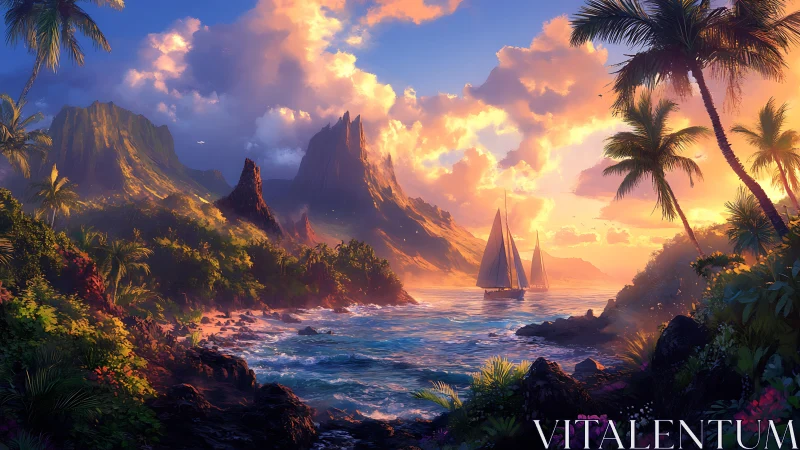 Tropical Sailing Paradise at Golden Sunset Hour