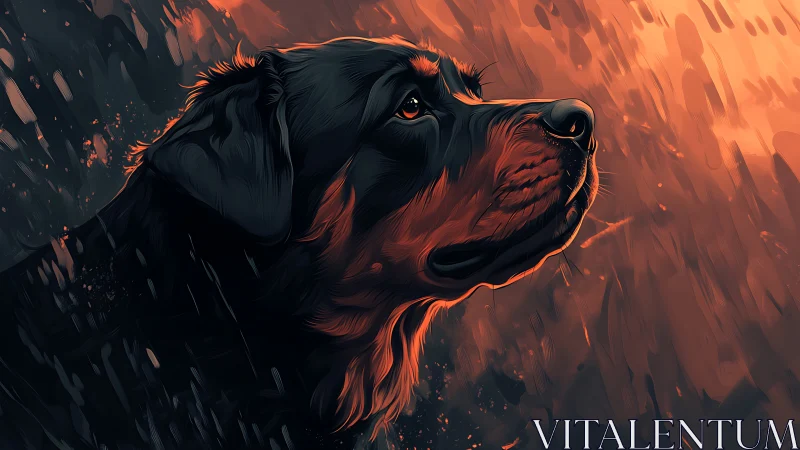 Emberlit guardian dog gazes into the storm of falling dusk.