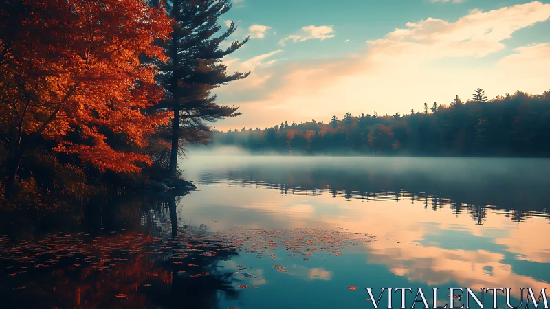 Autumn trees reflect on calm misty lake at soft sunrise