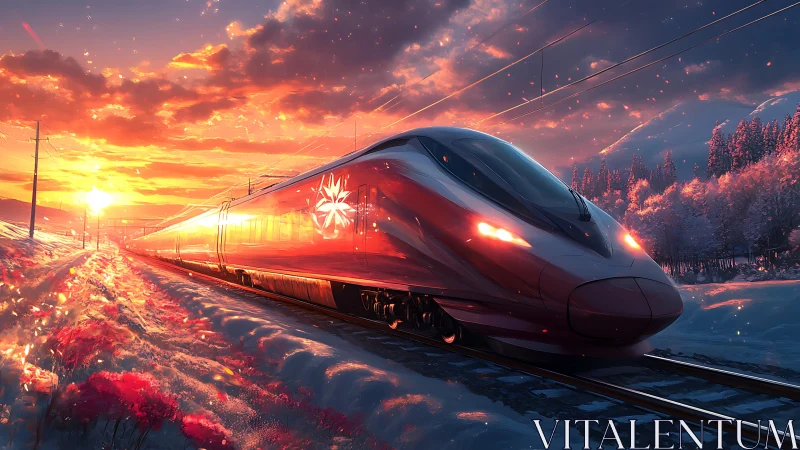 Futuristic bullet train cuts through glowing winter sunset