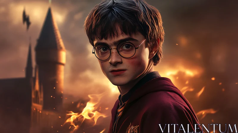 Young wizard portrait before burning castle backdrop.