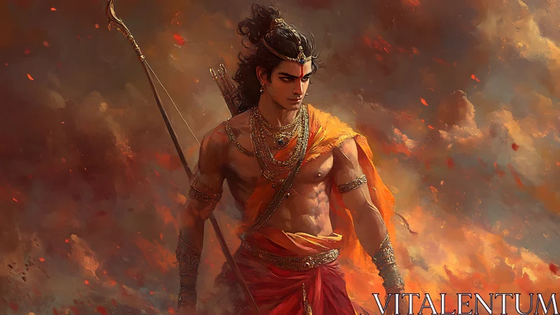 Warrior deity strides through embers in high-saturation digital painting