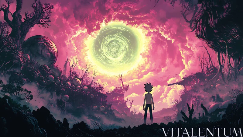 Glowing sky portal welcomes two travelers into a wild alien dawn