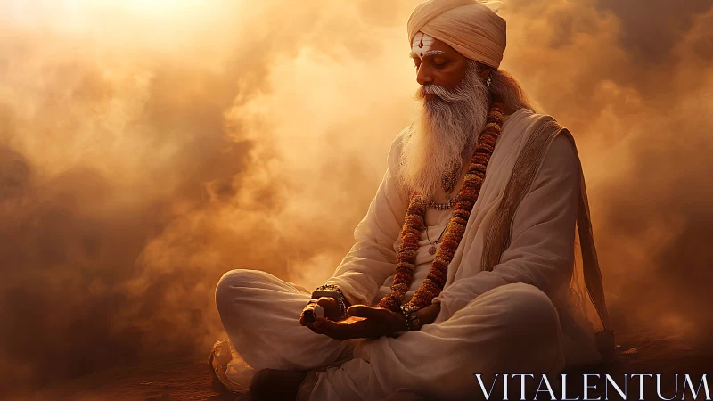 Elderly turbaned man meditating calmly amid warm mist.