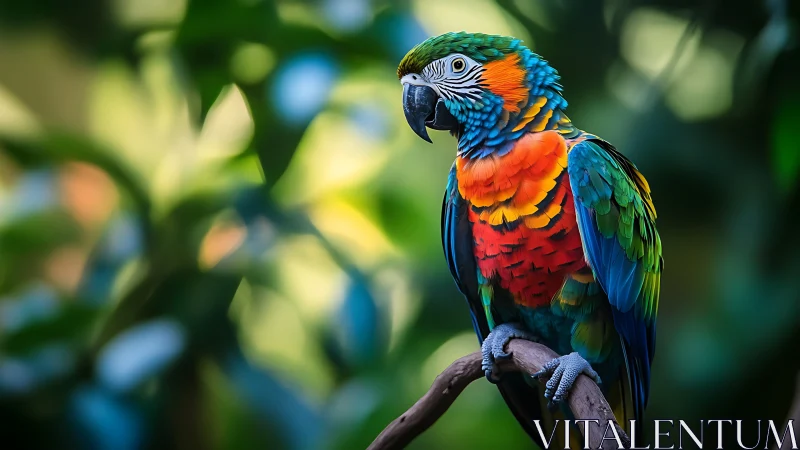 Vibrant Macaw Perched on Branch in Lush Tropical Setting.