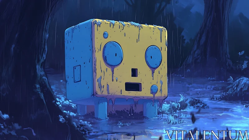 Dripping modular robot cube stranded in nocturnal swamp rain.
