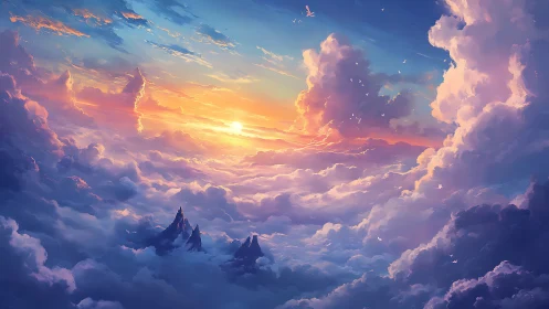 Dreamy sunrise drifting above a glowing cloud ocean.