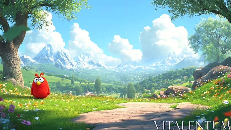 Red cartoon bird in lush alpine meadow with snowy peaks