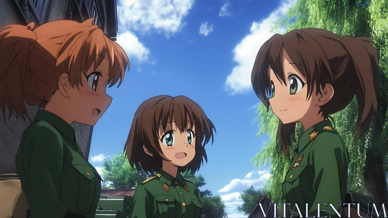Four anime cadets converse outdoors in detailed military uniforms