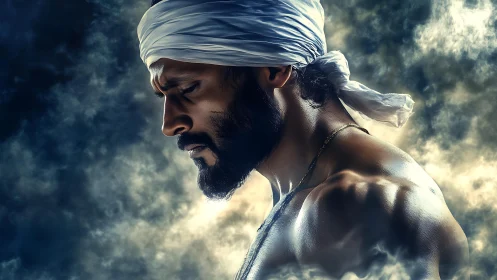 Focused man in headwrap against dramatic smoky backdrop.