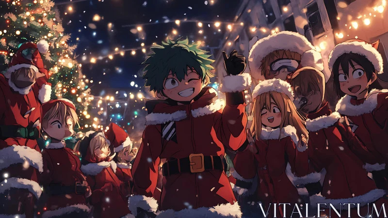 Anime characters in red winter outfits under festive lights.