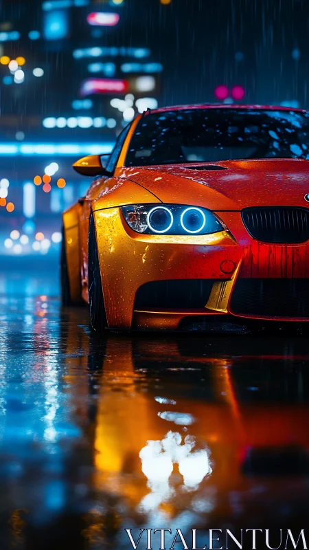 Orange sports coupe glows under neon rain-soaked streets.