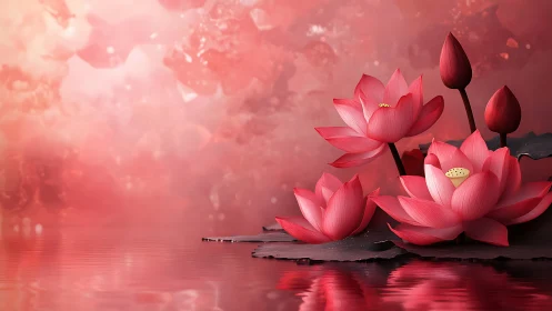 Lotus blossoms glow over calm pink water at sunset.