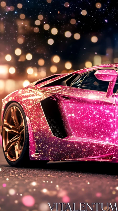 Glittering pink sports car under urban night lights.