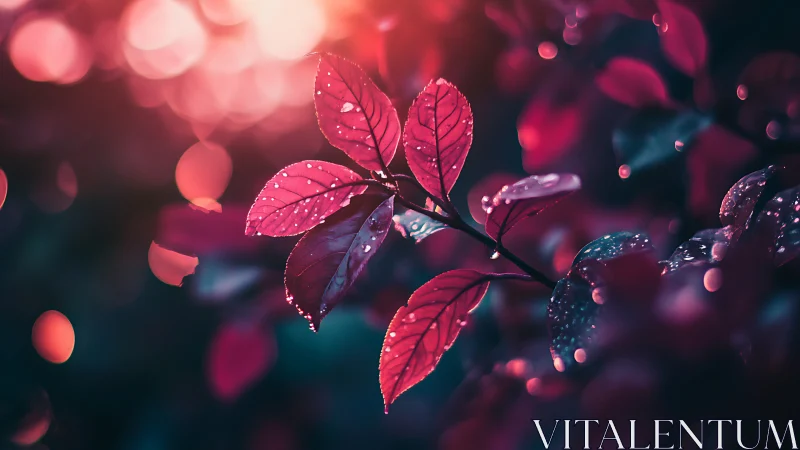 Backlit crimson leaves with dewdrops in shallow bokeh field