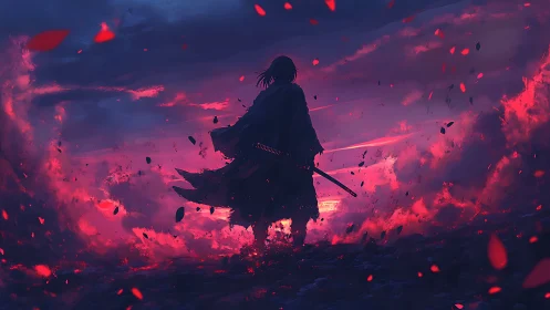 Lone samurai silhouette in storm of crimson embers at dusk.