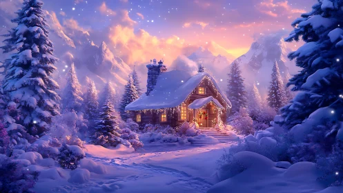 Snow-laden alpine cabin with festive lights at sunset glow