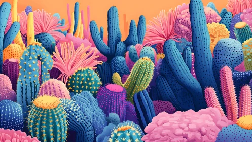 Bold neon cactus garden with dense surreal desert plants.