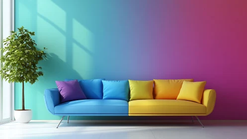 Sunlit rainbow sofa lounge against dreamy gradient wall.