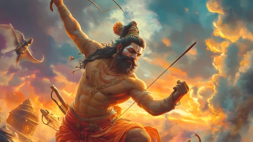 Radiant warrior prince draws his bow against fiery skies.