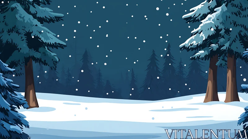 Digital winter forest scene with stylized snowfall layering.