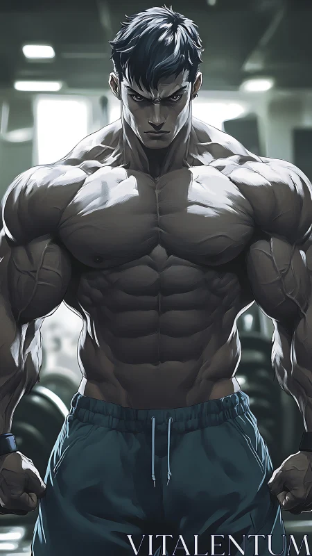 Muscular anime man stands shirtless in focused gym pose