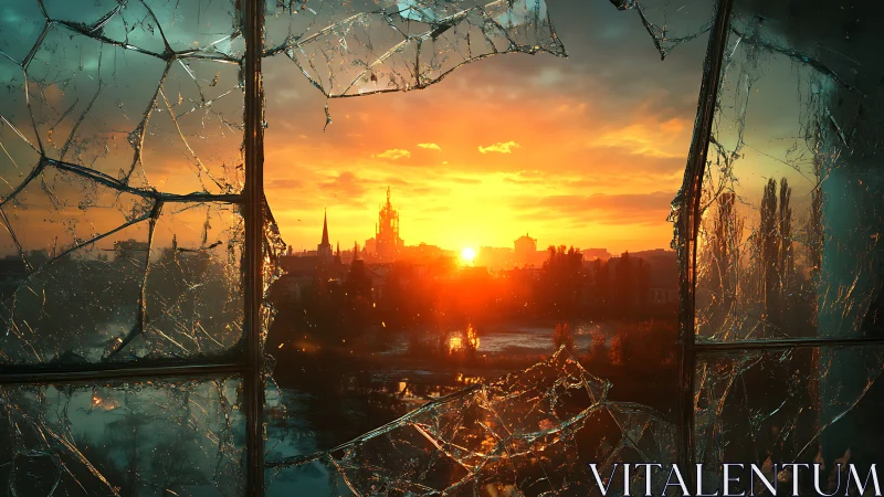Shattered window foreground contrasts with high-saturation urban sunset