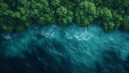 Forest edge meets teal surf in a quiet tidal embrace.