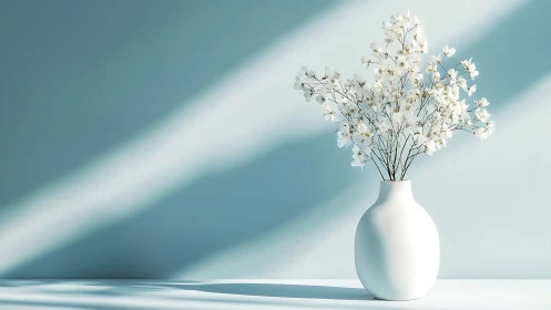 Minimalist white ceramic vessel with delicate dried floral arrangement against directional light