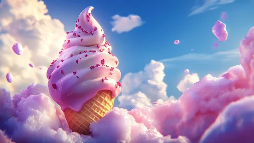 Giant ice cream cone suspended in pink cotton candy clouds under blue sky