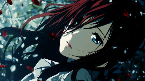 Crimson strands drift while quiet blue eyes hold the dusk