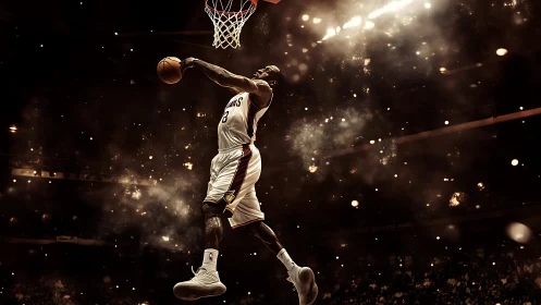 Soaring slam dunk under glowing arena lights.