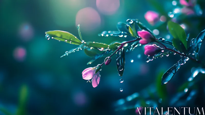 Morning raindrops rehearse ballet on neon-tinted blossoms