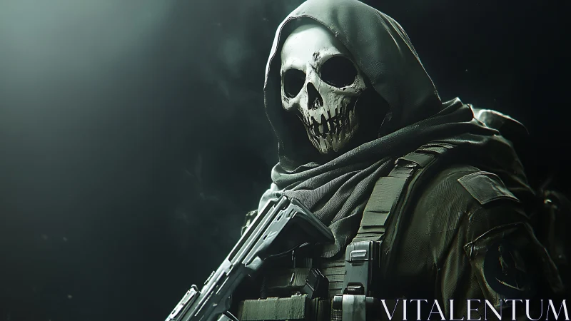 Hooded skull-masked soldier holding rifle in low light.