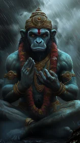Mythic blue simian deity meditates in the storming rain.
