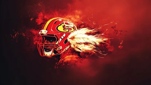 Fiery football helmet bursting with blazing feather trail.