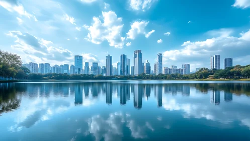 Skyline mirrors drift across a glassy blue urban lake.