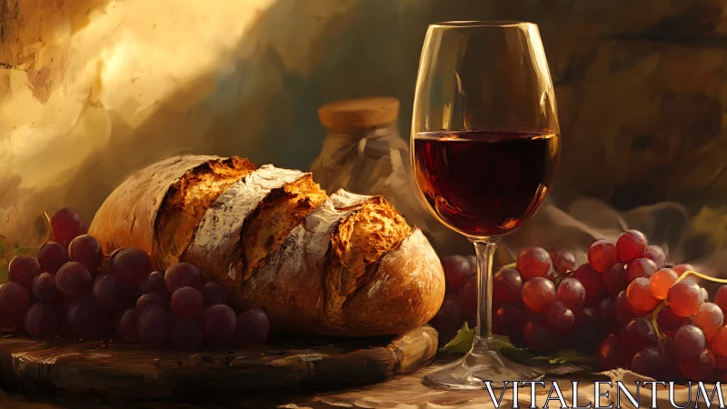 Artisanal Still Life: Crusty Bread, Wine Glass, and Red Grapes in Golden Hour Lighting