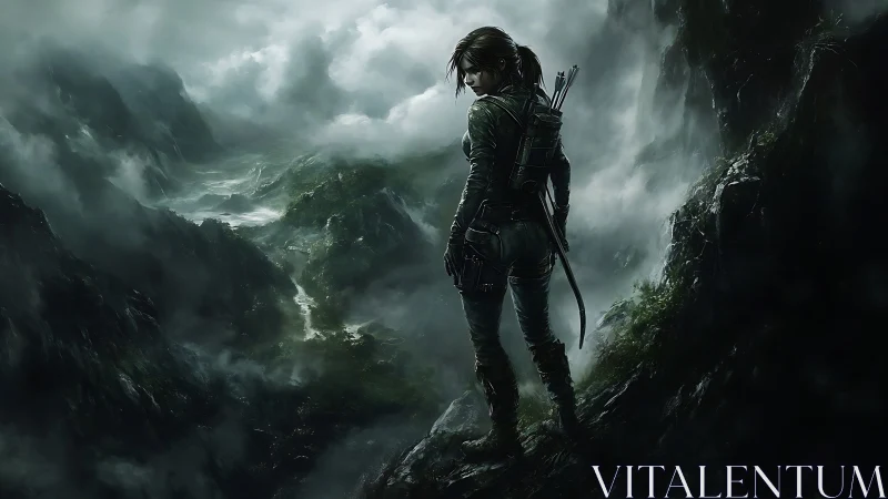 Solitary adventurer surveys stormy, mist-shrouded valley below.