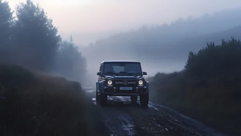 Headlights carve bright tunnels through a lonely misted trail