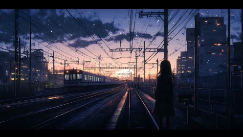 Twilight train tracks extend toward a glowing urban horizon.
