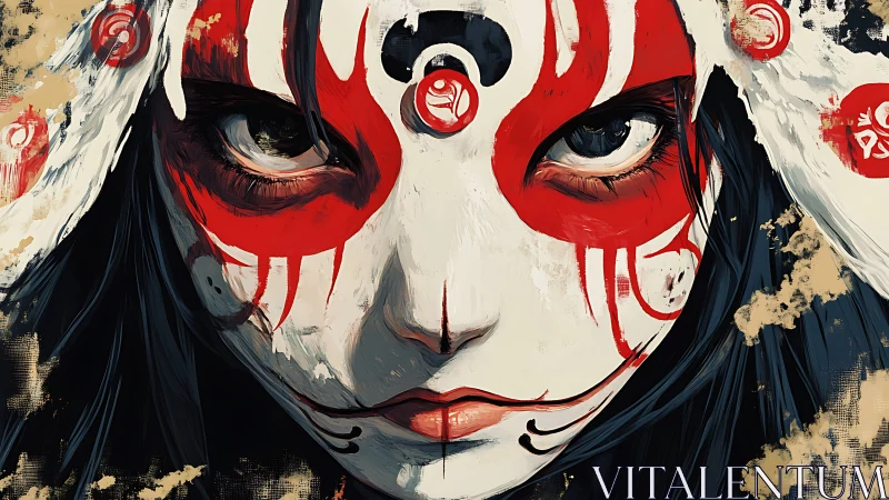 Warpainted shrine fox girl stares through scarlet silence.